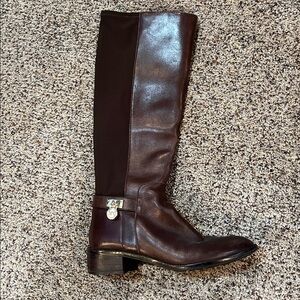 Brown Knee-High Leather Boots with Gold Accents
